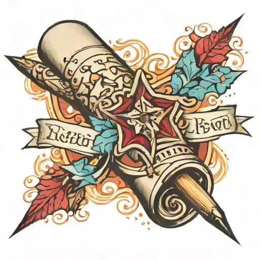 pergament roll with text, rosario and nordic star tattoo design idea