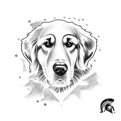 A beautiful tattoo design of a golden retriever playing in the Rifle River State Recreation Area, with the Michigan state outline in the background tattoo design idea