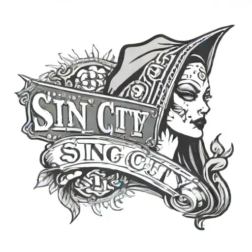 las vegas strip faded into a sexy gothic nun head smoking weed with the words "sin city"  tattoo design idea