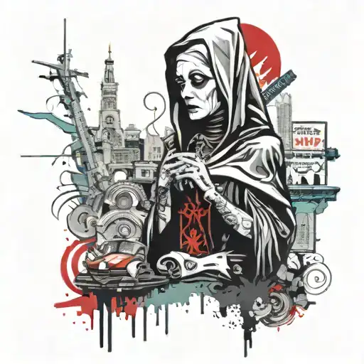 las vegas strip faded into a gothic nun smoking weed  tattoo design idea