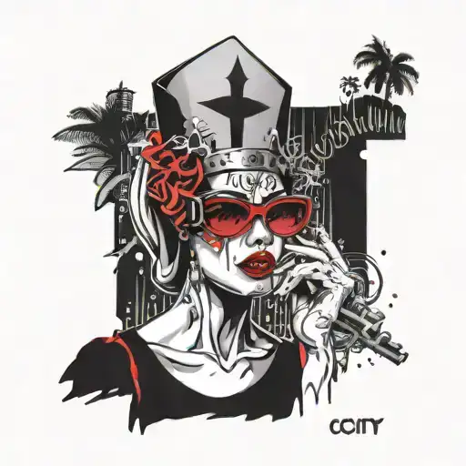 las vegas strip faded into a sexy gothic nun head smoking weed with the words "sin city"  tattoo design idea
