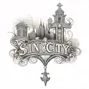 las vegas faded into a gothic nun smothing and the words "sin city"  tattoo design idea
