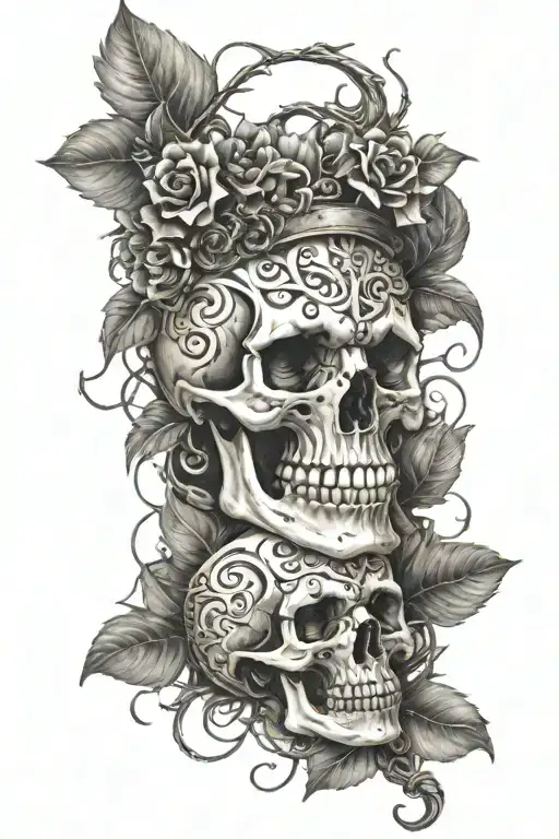 skull surrounded by viking weaponery and vines wrapped  tattoo design idea