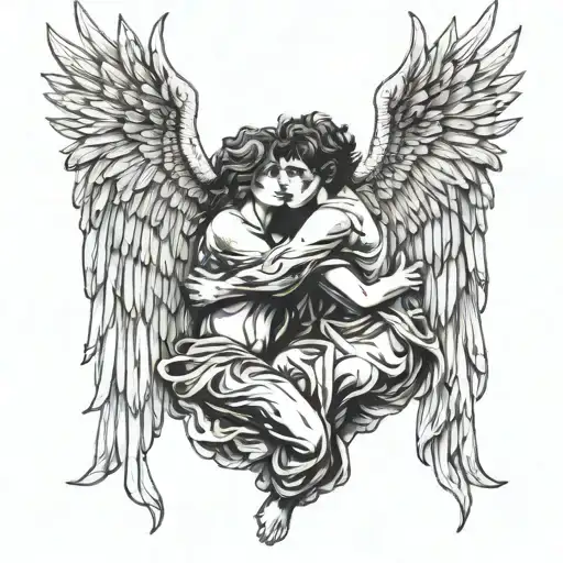 angel and angry evil hug each other tattoo design idea