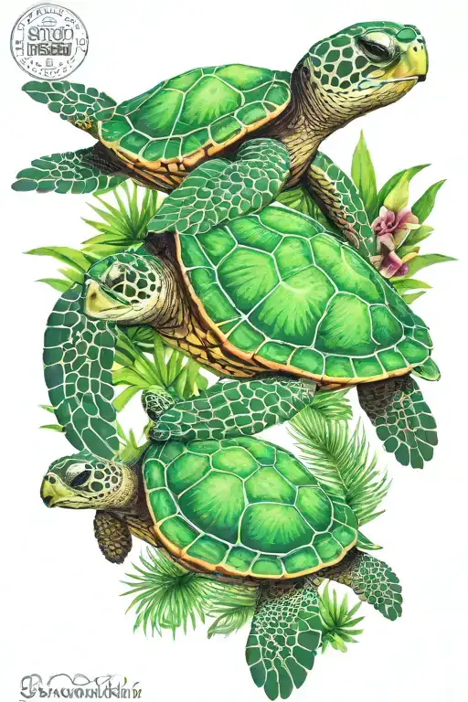 a vibrant green sea turtle with a cute fluffy monkey and a sloth with the main focus on the turtle tattoo design idea