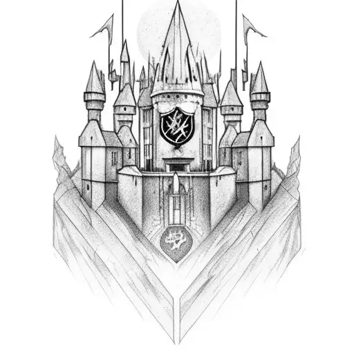 A minimalist design of the Hogwarts castle with the symbol of the Deathly Hallows incorporated tattoo design idea