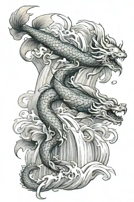 eastern dragon wrapped frangappani waterfall cascading scroll with THE PAC koi fish tattoo design idea