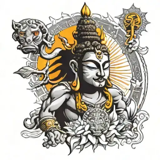 modern shiva tattoo with lord buddha and ravana's muscle body and sun tattoo design idea