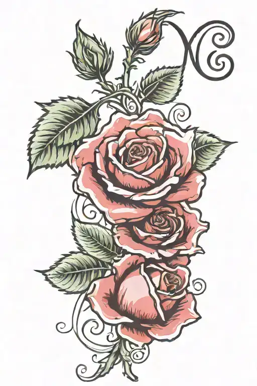 rose with mother name as stem and pedals with initials  tattoo design idea