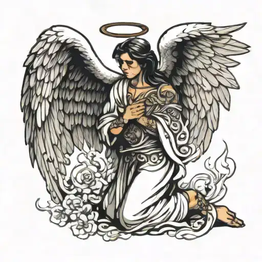 an angel with wings of fire praying  tattoo design idea