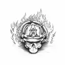 A hardcore skull with firefighter helmet and tools, surrounded by flames tattoo design idea