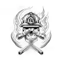 A hardcore skull with firefighter helmet and tools, surrounded by flames tattoo design idea