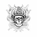 A hardcore skull with firefighter helmet and tools, surrounded by flames tattoo design idea