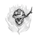 A hardcore skull with firefighter helmet and tools, surrounded by flames tattoo design idea