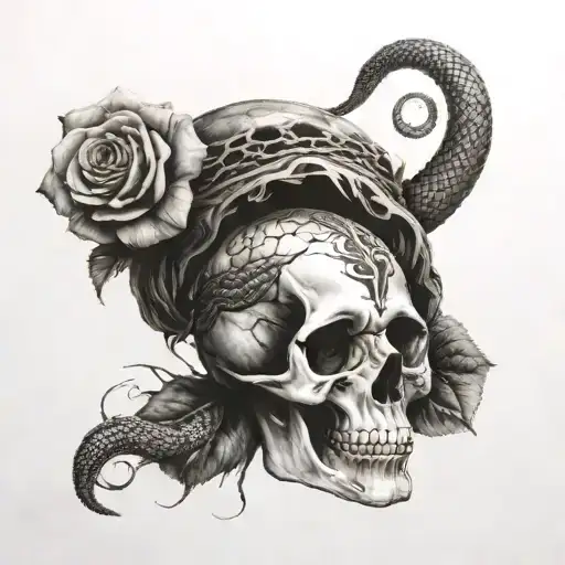 snake through skull, rose tattoo design idea