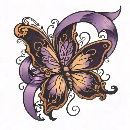 broken purple butterfly with a purple ribbon symbolising fibromyalgia  tattoo design idea