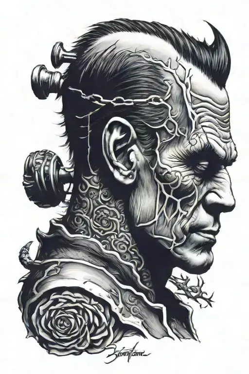 Frankenstein profile portrait tattoo design idea