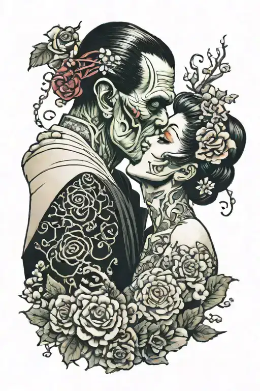 Frankenstein and bride kissing tattoo design idea