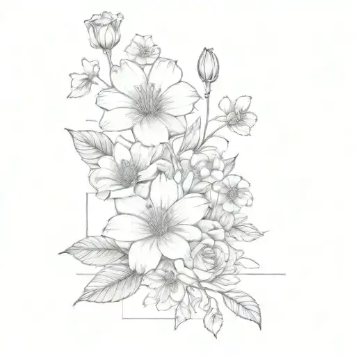 fineline black and grey tattoo of a bouquet of violets, roses, water lilies, and cosmo two rectangles behind flowers  tattoo design idea
