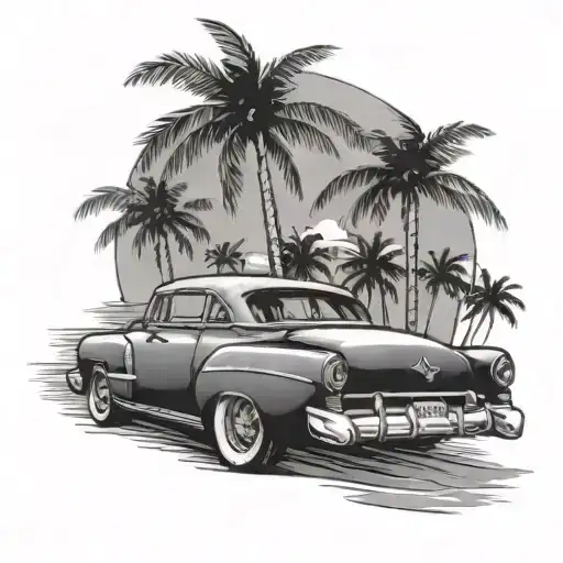 A black-grey design of a vintage car cruising down a Miami street lined with palm trees tattoo design idea