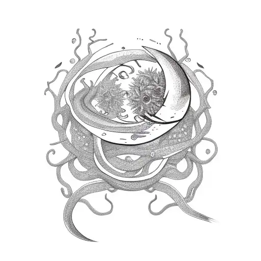 snake wrap around with head near wrist, tangled in flowers, hidden ouija board planchette, hidden ouija board sun&moon tattoo design idea