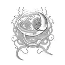 snake wrap around with head near wrist, tangled in flowers, hidden ouija board planchette, hidden ouija board sun&moon tattoo design idea