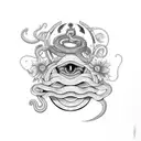 snake wrap around with head near wrist, tangled in flowers, hidden ouija board planchette, hidden ouija board sun&moon tattoo design idea