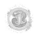 snake wrap around with head near wrist, tangled in flowers, hidden ouija board planchette, hidden ouija board sun&moon tattoo design idea