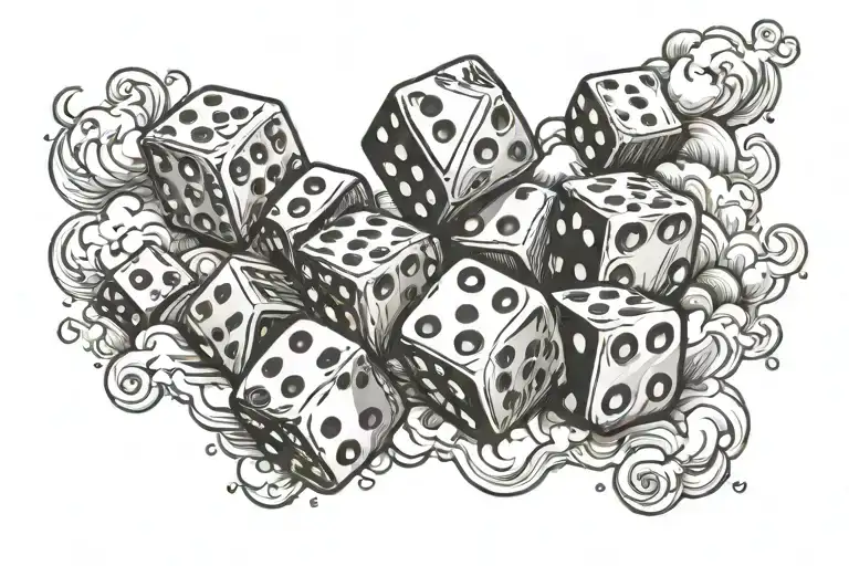 dice game in cursive with dice and clouds around it tattoo design idea