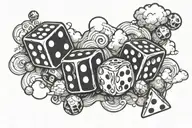 dice game in cursive with dice and clouds around it tattoo design idea