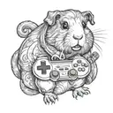 A realistic portrait of a guinea pig playing a video game controller tattoo design idea