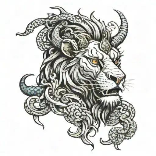 chimera lion head with goat dragon wrapped tattoo design idea