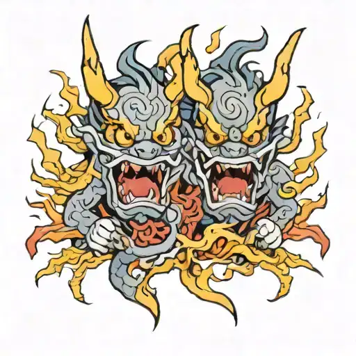 traditional Japanese looking demons with lightning in the background    tattoo design idea