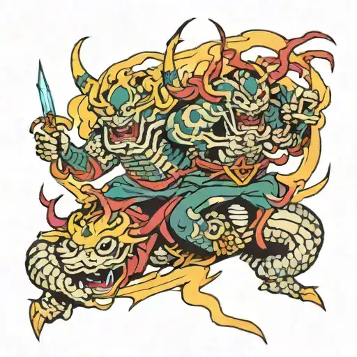 Japanese demons riding a lightning bolt  tattoo design idea