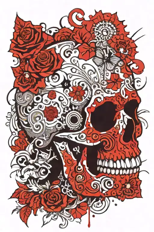 A detailed calavera adorned with intricate dotwork patterns, with demonios dancing around it in a mesmerizing display of contrast tattoo design idea