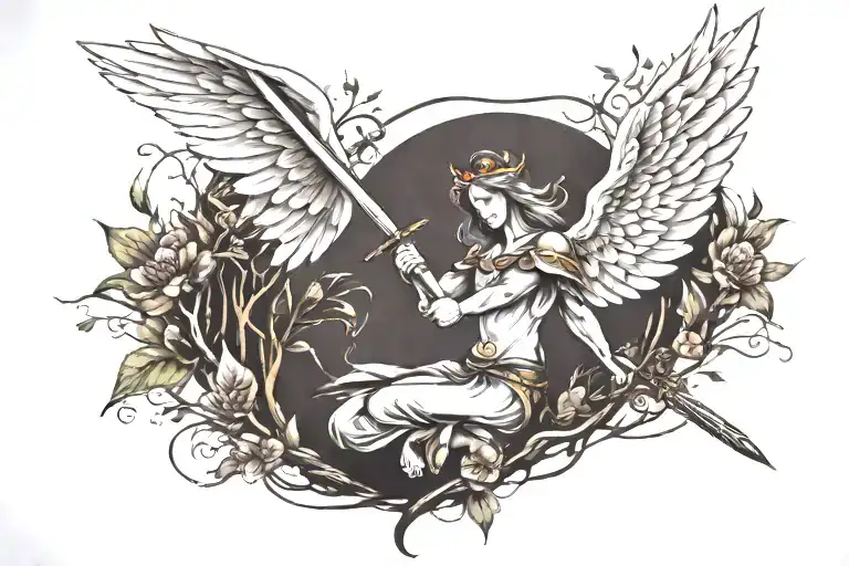 guardian angel in nature elements and sword embedded tattoo design idea