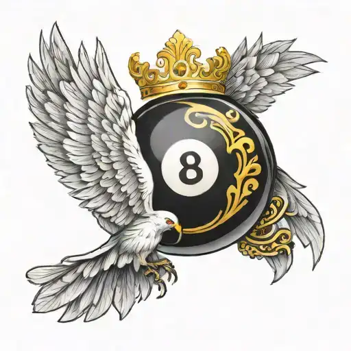 a billiard 8 ball with a golden crown with white wings tattoo design idea