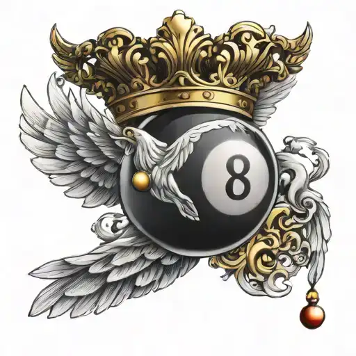 a billiard 8 ball with a golden crown with white wings tattoo design idea