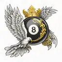 a billiard 8 ball with a golden crown with white wings tattoo design idea