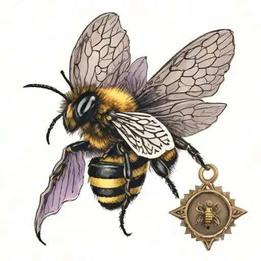 A realistic portrait of a bee with intricate wings, wearing a purple heart medal and a bronze star medal, symbolizing your service in Iraq and Afghanistan tattoo design idea