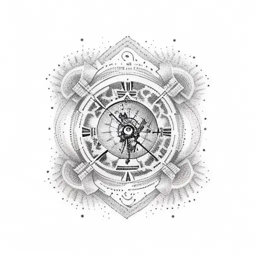 A dotwork hourglass surrounded by philosophical quotes in various languages tattoo design idea
