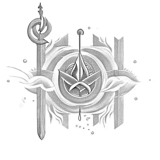 Tattoo Concept which includes Poseidons  trident, a palm, small greek architecture and some floating water tattoo design idea