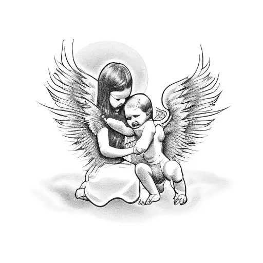 angel child flying shaking hands with demon child tattoo design idea