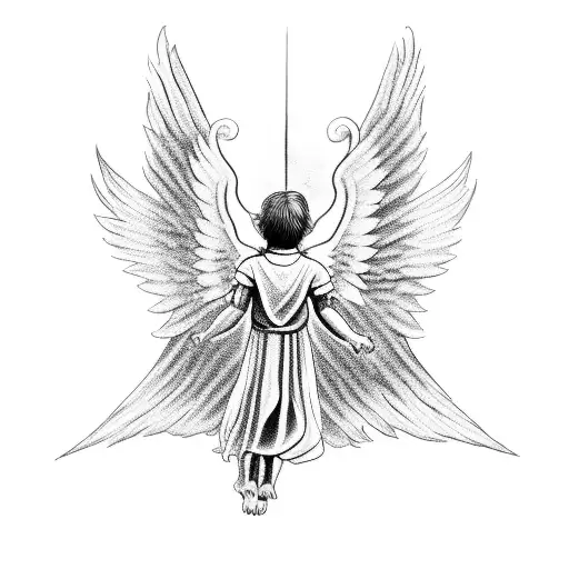 black and white angel child flying shaking hands with demon child tattoo design idea