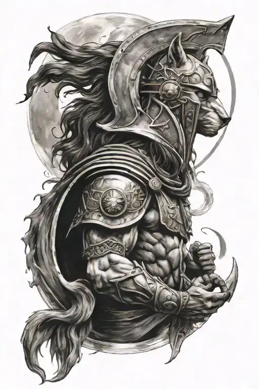 spartan warrior with a wolf howling at a crescent moon and star tattoo design idea