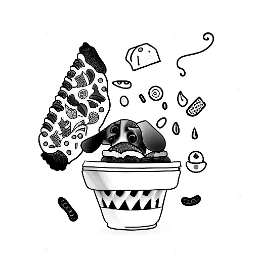 A minimalist tattoo of a dachshund surrounded by various food items like pizza slices, burgers, and ice cream cones, reflecting the client's passion for food and their favorite pet tattoo design idea