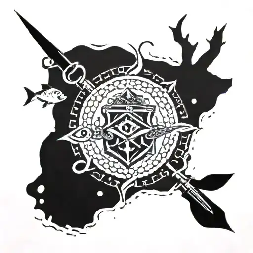 A dotwork tattoo of a brotherhood crest featuring elements of fishing and hunting, with intricate patterns and details symbolizing unity and teamwork tattoo design idea