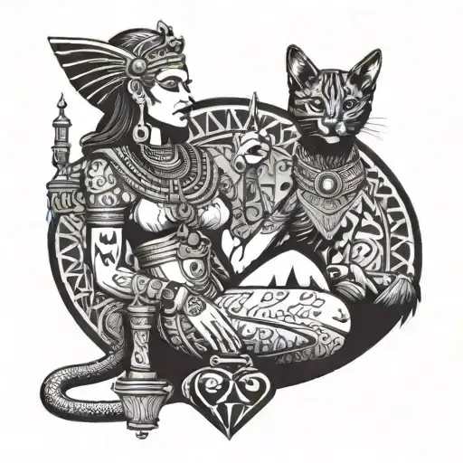 A regal Egyptian queen holding a cat in one hand and a bottle of perfume in the other, surrounded by symbols of travel and adventure tattoo design idea