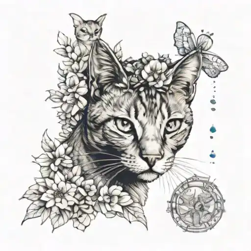 A dreamy scene of cats lounging in a field of fragrant flowers, with a majestic Egyptian queen in the background wearing a crown of perfume bottles tattoo design idea