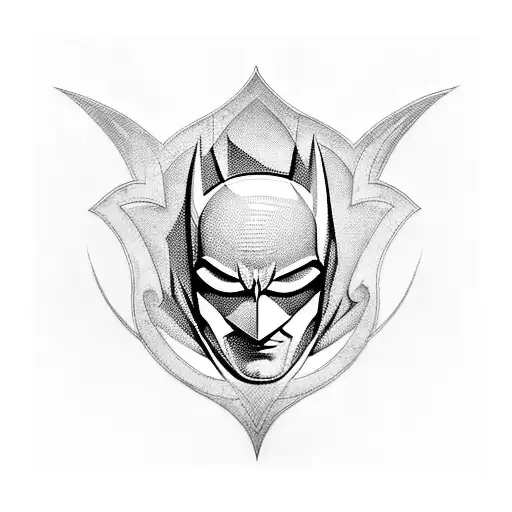 A blackwork tattoo featuring a portrait of Batman's iconic mask adorned with intricate geometric patterns, representing the client's passion for both Batman and geometric art. tattoo design idea